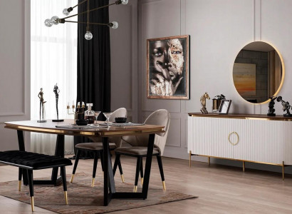 Esszimmer Set Besteht aus Esstisch 4x Stühle Bank Anrichte Spiegel 8tlg.